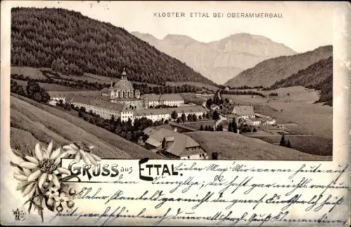 Litho Ettal Oberbayern, Blick auf Kloster und Umgebung