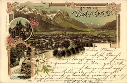 Litho Garmisch Partenkirchen in Oberbayern, Gesamtansicht, Wasserfall