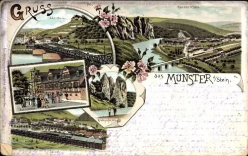 Litho Bad Münster am Stein Ebernburg Bad Kreuznach, Rheingrafenstein, Saline, Kurbrunnen, Brücke