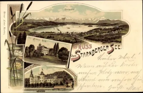 Litho Berg am Starnberger See in Oberbayern, Schloss Berg, Leoni, Totalansicht