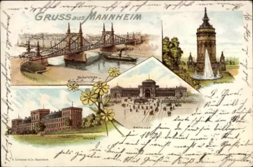 Litho Mannheim in Baden, Wasserturm, Neckarbrücke, Schloss, Bahnhof