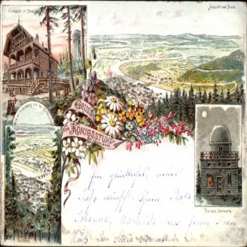 Litho Heidelberg am Neckar, Königsstuhl, Blick vom Turm, Sternwarte, Wirtschaft