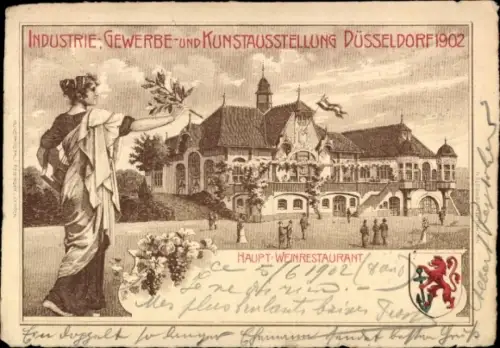 Wappen Litho Düsseldorf am Rhein, Industrie und Gewerbeausstellung 1902, Haupt-Weinrestaurant