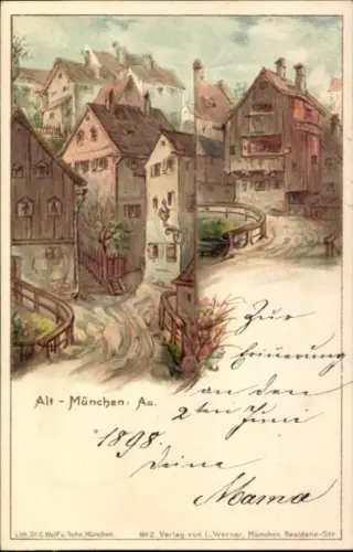 Künstler Litho Au München Bayern, Altstadt, Teilansichten