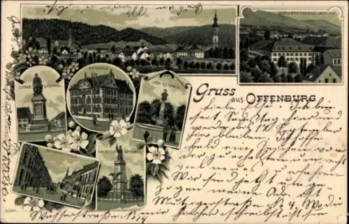Mondschein Litho Offenburg in Baden Schwarzwald, Oken-Denkmal, Drake-Denkmal, Rathaus, Bahnhofstraße