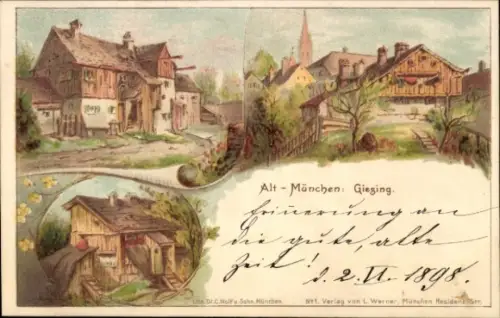 Litho Giesing München Bayern, Altstadt, Teilansichten