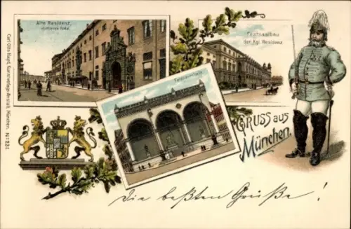 Litho München, Alte Residenz, Portal, Festsaalbau der Kgl. Residenz, Feldherrnhalle, Wappen