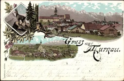 Litho Murnau am Staffelsee in Oberbayern, Panorama, Gemse, Alpenkette