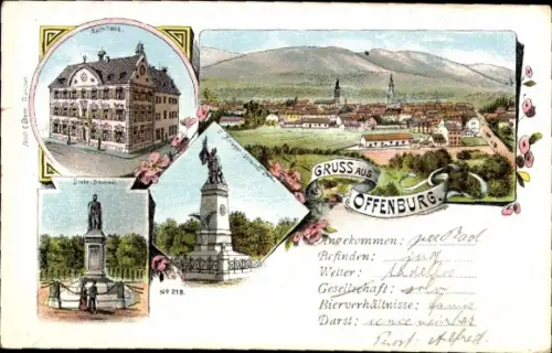 Litho Offenburg im Schwarzwald, Rathaus, Drakedenkmal, Kriegerdenkmal, Gesamtansicht