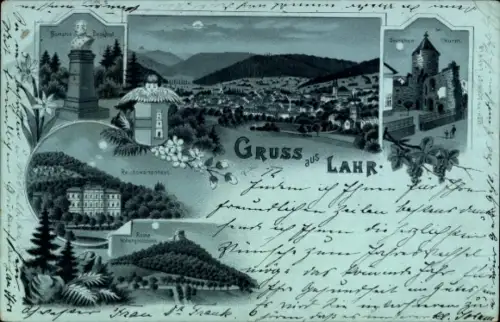 Mondschein Litho Lahr in Baden Schwarzwald, Reichswaisenhaus, Bismarckdenkmal, Turm, Hohengeroldseck