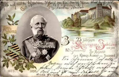 Litho Wettin an der Saale, Burg, 25jähriges Regierungsjubiläum, 70. Geburtstag König Albert