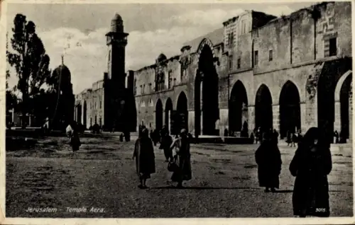 Ak Jerusalem Israel, Schwarz-Weiß-Fotografie, Tempelarea, Menschen auf der Straße,  Architektur