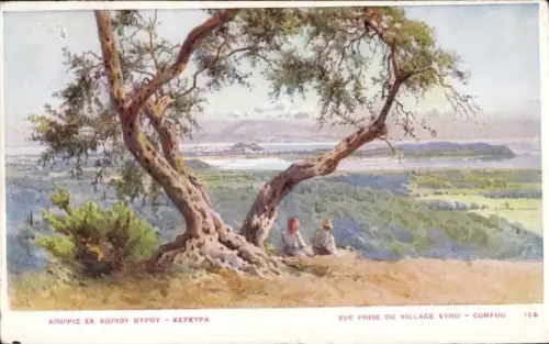 Ak Virós Vyro Korfu Griechenland, Landschaft, Ausblick auf Dorf VYRO, Griechenland, Oaktree, zwei