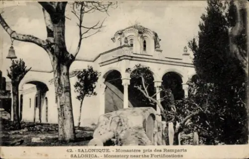 Ak Salonique Saloniki Thessaloniki Griechenland, Kloster, Architektur, Ruinen, Bäume, Schwarz-Wei