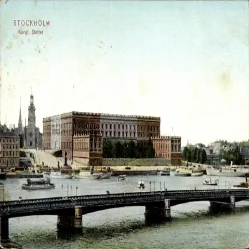 Ak Stockholm Schweden,  Königliches Schloss, Wasserweg, Stadtansicht,  Architektur