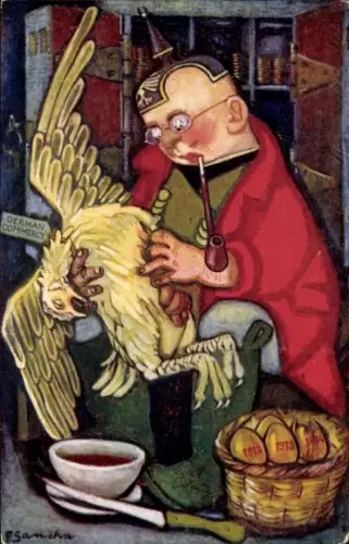 Künstler Ak Sancha, The Hen that laid the Golden Eggs, Karikatur Deutschland 1. WK