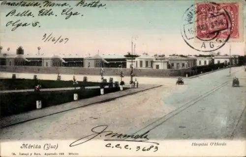 Ak Mérida Mexiko, Hospital O'Horán in  Straßenansicht, Poststempel, Adressfeld