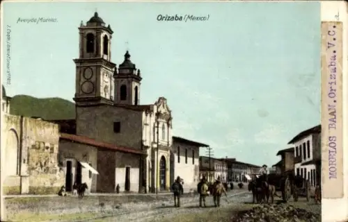 Ak Orizaba Mexiko, Stadtansicht, Avenida Morelos,  Gebäude, Menschen, Pferde