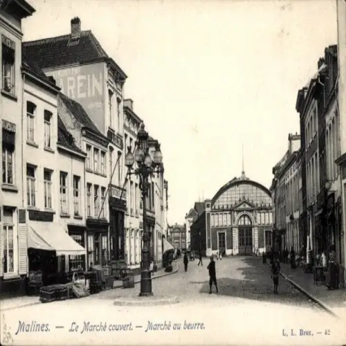 Ak Mechelen Mecheln Malines Flandern Antwerpen, Markthalle, Markt für Butter, Gebäude, Straßenans