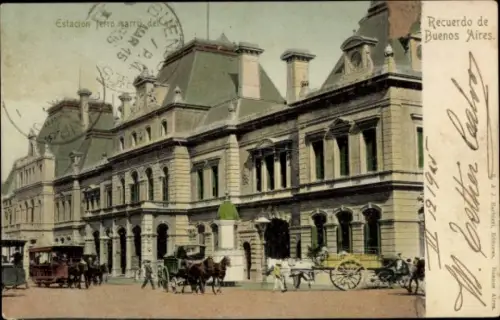Ak Buenos Aires Argentinien, Bahnhof,  Architektur, Pferdefuhrwerke, Straßenbahn