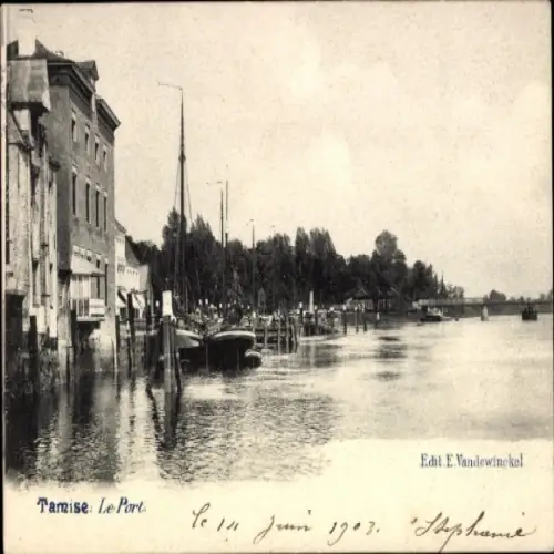 Ak Tamise Temse Temsche Ostflandern, Hafenansicht, Boote, Gebäude,  1903