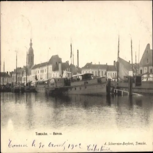 Ak Tamise Temse Temsche Ostflandern, Hafenansicht, Boote, Gebäude, Kirchturm, Temsche
