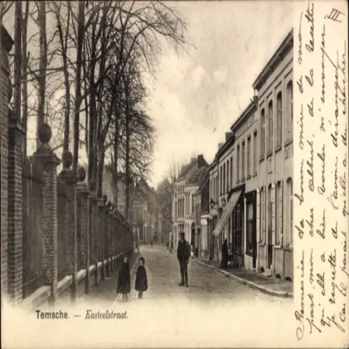 Ak Tamise Temse Temsche Ostflandern, Kasteelstraat, zwei Kinder, Mann, Häuser, Zäune