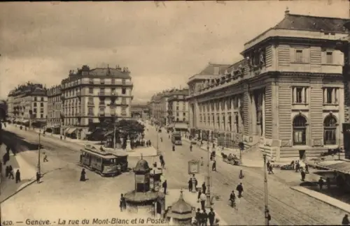 Ak Genf Stadt Schweiz,  Rue du Mont-Blanc, Postgebäude, Straßenbahn, Menschen,  Architektur