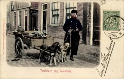 Ak Edam Volendam Nordholland Niederlande, Vischboer, Fischhändler mit Hundekarren