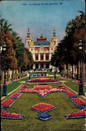 Ak Monte Carlo Monaco, Le Casino, Garten, Blumenbeete, Bäume, Laternen