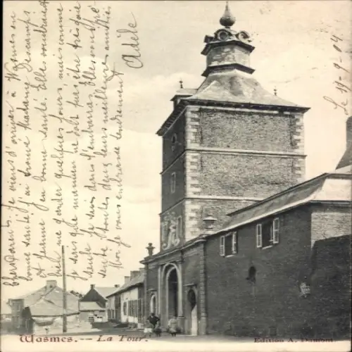 Ak Wasmes Wallonien Hennegau, Turm von  Gebäude, Straße,  Architektur