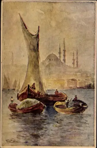 Ak Konstantinopel Istanbul Türkei, Boote auf dem Wasser, Süleymaniye Moschee im Hintergrund, Ista