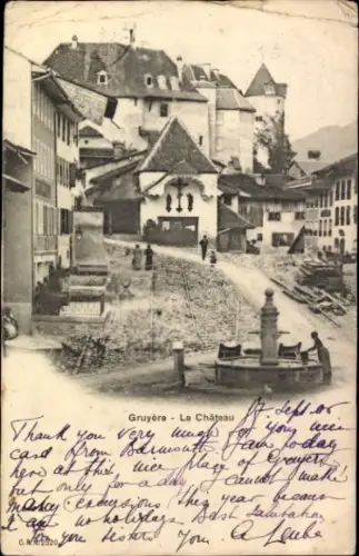 Ak Broc Gruyère Kanton Freiburg, Gruyère Le Château, Dankesbotschaft,  Architektur