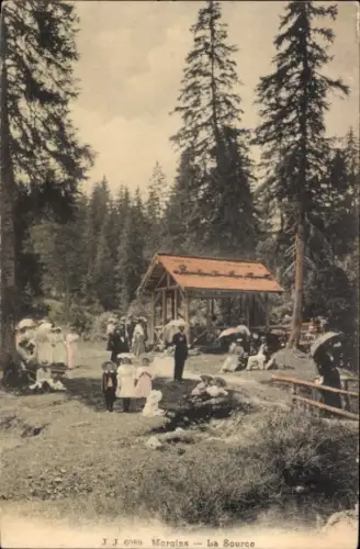 Ak Morgins Kanton Wallis Schweiz, Menschen in der Natur, Pavillon, Bäume, Spaziergänger, Sonnensc