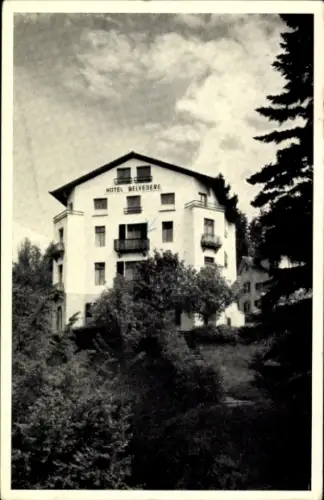 Ak Weggis Kanton Luzern, Hotel Belvedere, Gebäude mit Balkonen, Bäume im Vordergrund