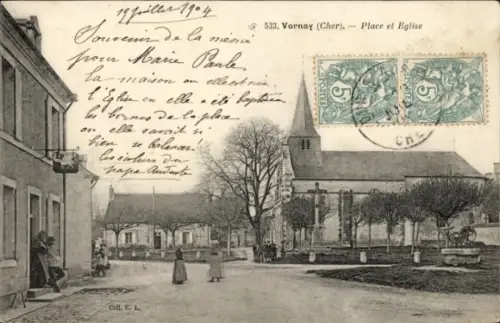 Ak Vornay Cher, Vornay, Kirche, Platz, Poststempel, 19. Juli 1904