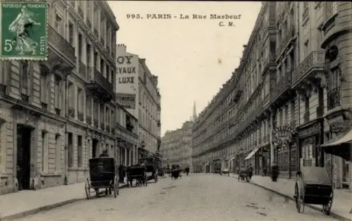 Ak Paris VIII., La Rue Marbeuf, American Bar, Kutschen, Straßenpartie