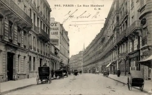 Ak Paris VIII., La Rue Marbeuf, American Bar, Kutschen, Straßenpartie