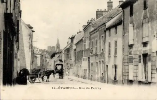 Ak Étampes Essonne, Straße Rue du Perray, Pferdewagen, Häuser, Schwarz-Weiß-Foto