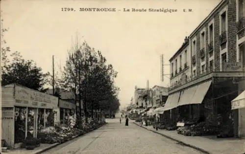 Ak Montrouge Hauts de Seine, Straße mit Geschäften, Bäume, Mensch auf der Straße, Schwarz-Weiß-Fo