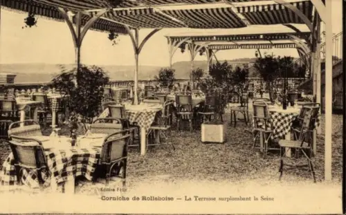 Ak Rolleboise Yvelines, Corniche de Rolleboise, La Terrasse surplombant la Seine