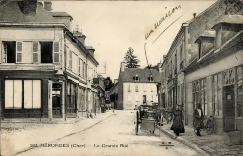 Ak Nerondes Cher, La Grande Rue, maisons