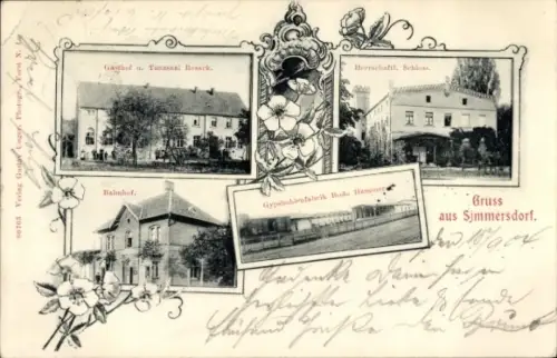 Ak Simmersdorf Niederlausitz, Gasthof Roseck, Herrschaftl. Schloss, Bahnhof, Gipsbohlen-Fabrik