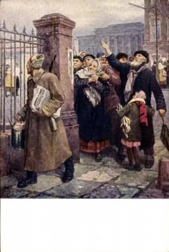 Ak Russland, Mann mit Kleber und Flugblättern, Menschen beim Lesen, Verwunderung