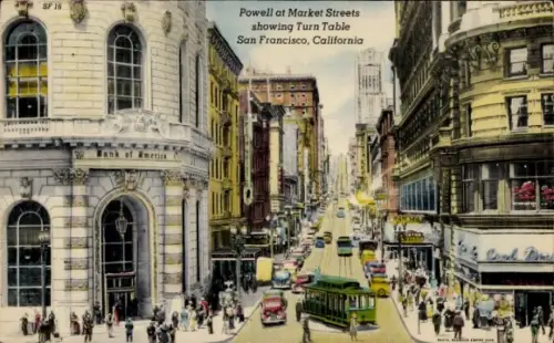Ak San Francisco Kalifornien USA, Bank of America, Powell und Market Streets, Kabelbahn, Wende...