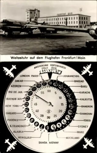 Ak Weltzeituhr auf dem Flughafen Frankfurt /Main, Passagierflugzeug