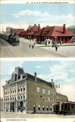 Ak Kalamazoo Michigan USAM.C.R.R. Depot, Interurban Station, Straßenbahn