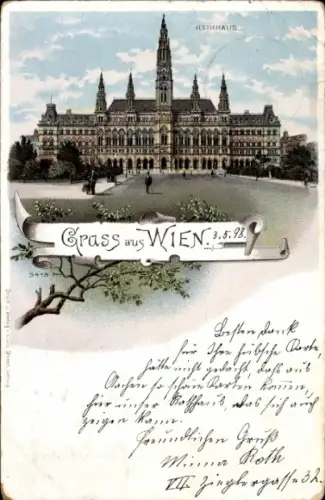 Ak Wien 1 Innere Stadt, Rathaus, Gruss aus  schöne Postkarte, freundlicher Gruß von Mina Roth