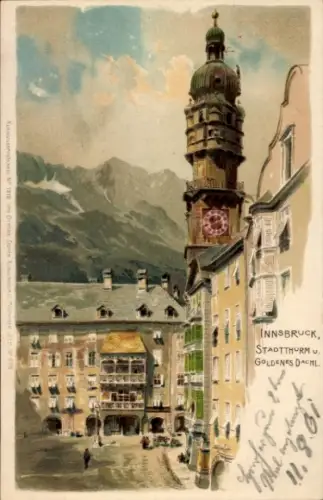 Künstler Ak Innsbruck Tirol Österreich, Stadtturm und goldenes Dachl