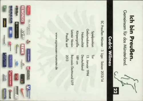 Autogrammkarte Fußballer Cedric Wilmes, Preußen Münster, Autogramm